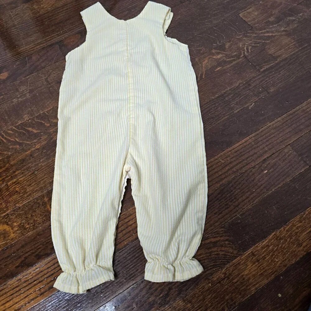 Vintage 80s 90s Pastel Yellow Striped Pink Heart Embroidery Baby Overalls